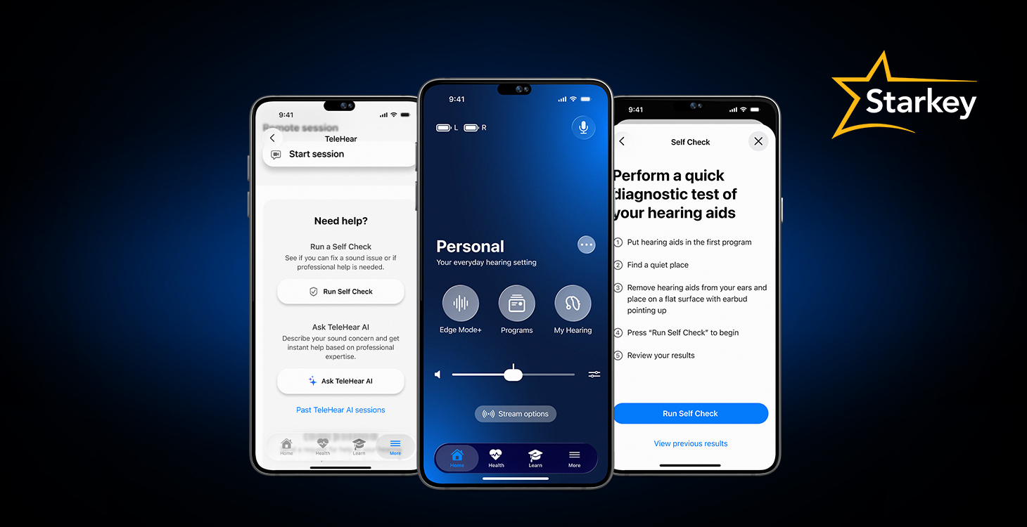 Image of the My Starkey app home screen and TeleHear AI screen and Self Check screen